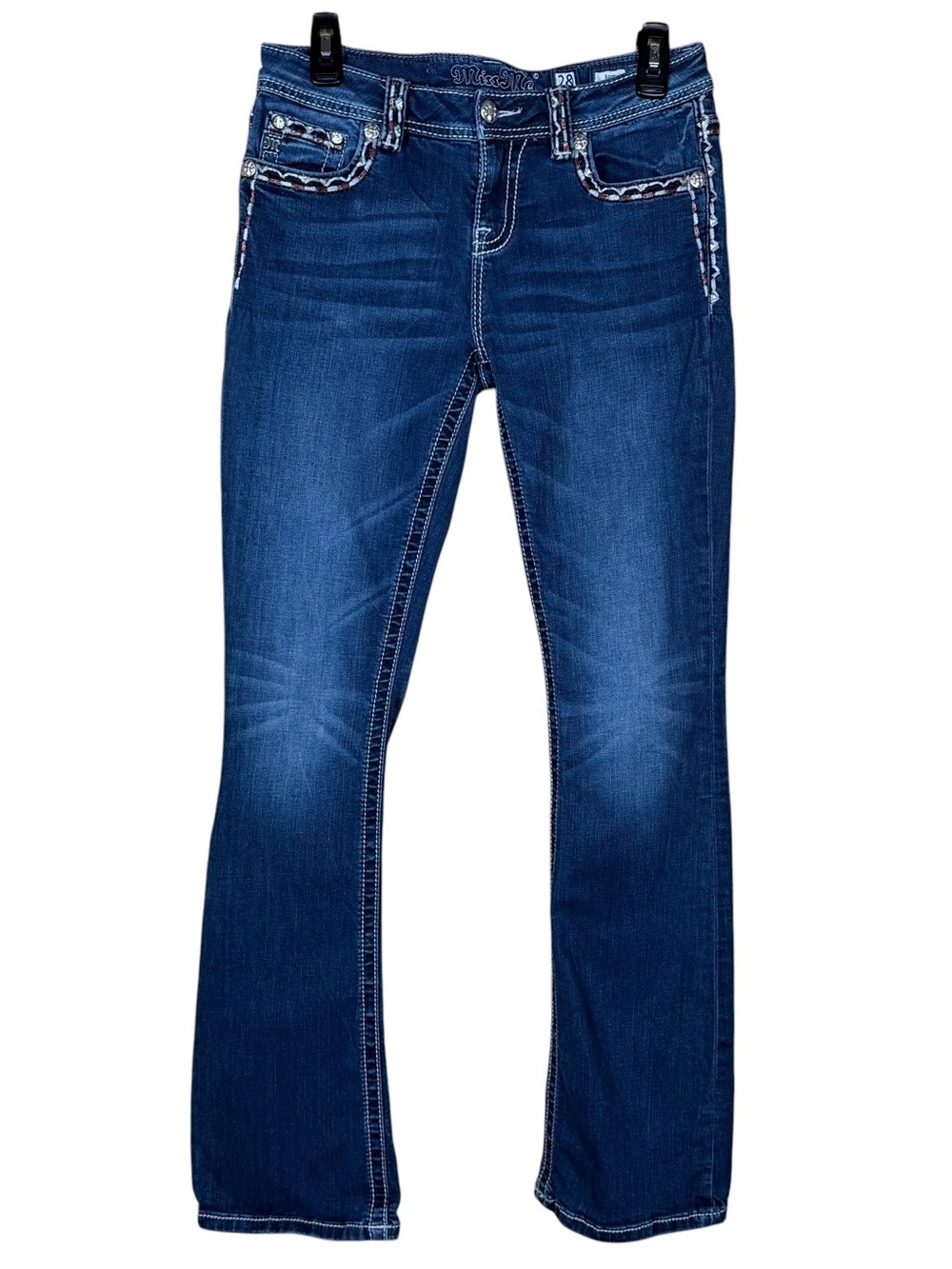 Miss Me Y2K Bootcut Jeans Sz 28x32 Low Rise Dark Wash Western Cowboy Embroidered - Picture 4 of 11
